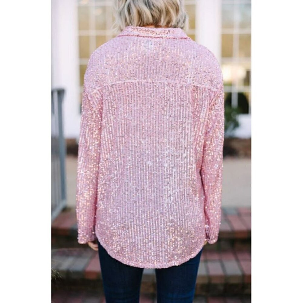 Life's a Party Sequin Button-Up Shirt in Rose Pink - Picture 8 of 12